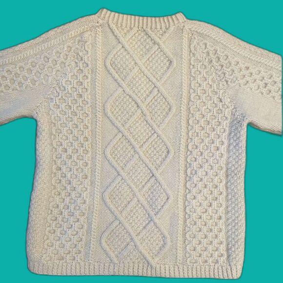 Hand Knit Fisherman's Sweater Cream Wool Aran‎ Cable Knit Pullover Medium - Picture 1 of 5